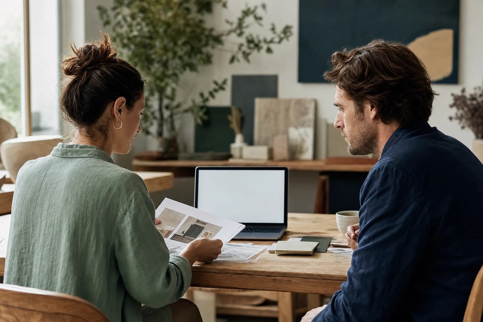 Two collaborators reviewing launch materials together at a studio table